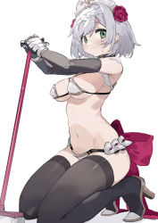 Rule 34 | 1girl, absurdres, armor, back bow, bikini armor, black thighhighs, blush, bow, braid, braided bangs, breasts, broom, closed mouth, elbow gloves, flower, genshin impact, gloves, green eyes, grey hair, hair flower, hair ornament, high heels, highres, holding, holding broom, kneeling, large breasts, maid headdress, medium breasts, noelle (genshin impact), pink bow, red flower, red rose, rose, sh (shinh), short hair, simple background, solo, sweat, thighhighs, white background