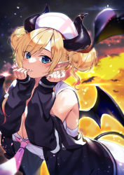 Rule 34 | 1girl, black jacket, blonde hair, blue eyes, blurry, blurry background, blurry foreground, blush, breasts, cleavage, commentary request, demon girl, demon horns, demon tail, demon wings, depth of field, double bun, eyes visible through hair, finger to mouth, hair bun, hands up, hat, highres, hololive, horns, jacket, kasumi komo, long sleeves, looking at viewer, necktie, nurse cap, open clothes, open jacket, parted lips, pointy ears, purple necktie, shirt, sleeveless, sleeveless shirt, solo, tail, tail raised, virtual youtuber, white shirt, wings, yuzuki choco, yuzuki choco (nurse)
