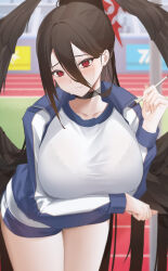 Rule 34 | 1girl, black bra, black choker, black wings, blue archive, blue jacket, blue shorts, blush, bra, bra visible through clothes, breasts, brown hair, choker, closed mouth, collarbone, crying eye, day, feathered wings, gym shirt, gym shorts, hair between eyes, halo, hasumi (blue archive), hasumi (track) (blue archive), highres, holding, holding pen, huge breasts, jacket, leaning forward, long hair, long sleeves, looking at viewer, mole, mole under eye, official alternate costume, open clothes, open jacket, outdoors, pen, ponytail, red eyes, shirt, short shorts, shorts, solo, track and field, track jacket, underwear, very long hair, white shirt, wings