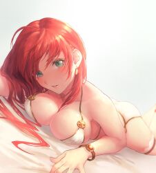 Rule 34 | 1girl, ahoge, ass, bare shoulders, bikini, blush, boudica (fate), bracelet, breast press, breasts, cleavage, earrings, fate/grand order, fate (series), green eyes, highres, jewelry, large breasts, long hair, looking at viewer, lying, on stomach, open mouth, otsukemono, red hair, solo, swimsuit, thigh strap, white bikini