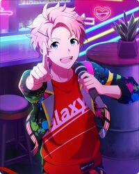 Rule 34 | 1boy, ahoge, blue eyes, chair, fingernails, hair ornament, hairpin, idolmaster, idolmaster side-m, idolmaster side-m growing stars, jacket, kabuto daigo, light, official art, open clothes, open mouth, pink hair, plant, pointing, print shirt, red shirt, shirt, smile, solo, teeth, third-party source