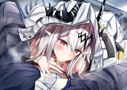 Rule 34 | 1boy, 1girl, :&gt;=, absurdres, arknights, bare shoulders, black jacket, blush, censored, commentary request, doctor (arknights), ear piercing, from above, grey pants, heart, heart-shaped pupils, hetero, highres, hood, hood up, horns through hood, jacket, kokihanada, long hair, looking at viewer, looking up, male pubic hair, mosaic censoring, mudrock (arknights), open clothes, open jacket, pants, penis, piercing, pointy ears, pov, pubic hair, red eyes, shirt, silver hair, sitting, solo focus, spread legs, steaming body, symbol-shaped pupils, white shirt