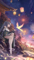 Rule 34 | 1girl, absurdres, architecture, bare shoulders, barefoot, bird, black hair, blue eyes, china dress, chinese clothes, dress, east asian architecture, fireworks, fu hua, fu hua (azure empyrea), full body, hair ornament, highres, honkai (series), honkai impact 3rd, lantern, legs, night, night sky, outdoors, phoenix, ponytail, scenery, sitting, sky, solo, sunset, thighs, toes, white dress, yelan xing xuan