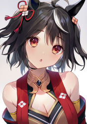 Rule 34 | 1girl, :o, ahoge, animal ears, bare shoulders, black hair, blush, breasts, cleavage, cleavage cutout, clothing cutout, hair ribbon, head tilt, highres, horse ears, kitasan black (umamusume), looking at viewer, medium breasts, multicolored hair, one side up, open mouth, red eyes, red ribbon, ribbon, simple background, solo, streaked hair, two-tone hair, umamusume, upper body, vivi (eve no hakoniwa), white background, white hair
