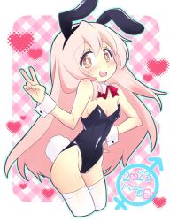 Rule 34 | 1girl, 2023, :d, alternate costume, animal ear hairband, animal ears, bare arms, bare shoulders, black hairband, black leotard, blue outline, blush, breasts, brown eyes, bunny day, commentary, cropped legs, detached collar, fake animal ears, flying sweatdrops, hair between eyes, hairband, hand on own hip, heart, highleg, highleg leotard, highres, leotard, long hair, male-female symbol, neck ribbon, nemu0701, onii-chan wa oshimai!, open mouth, outline, oyama mahiro, pink hair, plaid, plaid background, rabbit ears, rabbit tail, red ribbon, ribbon, simple background, small breasts, smile, solo, strapless, strapless leotard, tail, thighhighs, v, very long hair, white thighhighs, wrist cuffs
