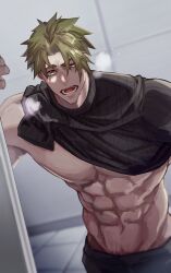 Rule 34 | 1boy, abs, achilles (fate), bara, bare pectorals, black pants, black shirt, dutch angle, fate/apocrypha, fate (series), green hair, haruakira, heavy breathing, highres, indoors, looking ahead, male focus, muscular, muscular male, open mouth, orange eyes, pants, pectorals, ribbed shirt, shirt, shirt partially removed, solo, teeth, undercut, veiny crotch