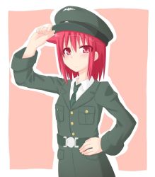 Rule 34 | 1girl, alternate costume, blush, expressionless, hat, kawazu kento, military, military uniform, miyanaga teru, red hair, saki (manga), short hair, solo, uniform
