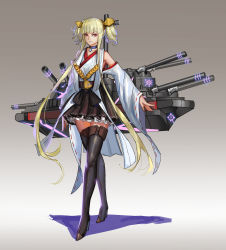 Rule 34 | 1girl, alternate costume, aoki hagane no arpeggio, arms at sides, black footwear, black skirt, black thighhighs, blonde hair, boots, breasts, cannon, choker, closed mouth, cosplay, crossed legs, detached sleeves, eyebrows, eyelashes, full body, gem, gradient background, grey background, hair ornament, hairband, hakama, hakama skirt, highres, japanese clothes, kantai collection, kongou (aoki hagane no arpeggio), kongou (kancolle), kongou (kancolle) (cosplay), long hair, looking at viewer, machinery, miniskirt, name connection, nontraditional miko, pleated skirt, red eyes, red ribbon, ribbon, ribbon-trimmed skirt, ribbon-trimmed sleeves, ribbon trim, rope, sidelocks, sk tori, skirt, small breasts, solo, standing, thigh boots, thighhighs, twintails, watson cross, white ribbon, wide sleeves, zettai ryouiki