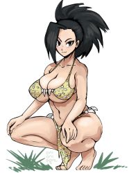 Rule 34 | 10s, 1girl, animal print, bare arms, bare legs, bare shoulders, barefoot, big hair, bikini, bikini top only, black eyes, black hair, boku no hero academia, breasts, cleavage, closed mouth, collarbone, full body, highres, large breasts, leopard print, loincloth, long hair, looking at viewer, midriff, navel, onioniogre, ponytail, simple background, smile, solo, squatting, swimsuit, white background, yaoyorozu momo