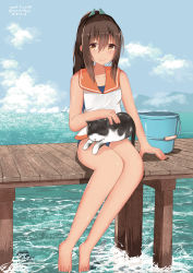 Rule 34 | 1girl, absurdres, animal, animal on lap, artist name, barefoot, brown eyes, brown hair, bucket, cat, cat on lap, dated, full body, hair between eyes, hair ornament, hairclip, highres, i-401 (kancolle), kantai collection, long hair, looking at viewer, numarinko, on lap, pier, ponytail, sailor collar, school swimsuit, sitting, smile, swimsuit, swimsuit under clothes, tan, thighs, twitter username