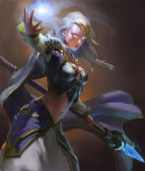 Rule 34 | 1girl, absurdres, blonde hair, blue eyes, breasts, cape, cleavage, floating hair, grey cape, highres, holding, holding staff, jaina proudmoore, long hair, long skirt, long sleeves, magic, medium breasts, midriff, multicolored hair, navel, open mouth, silver hair, skirt, solo, staff, standing, stomach, two-tone hair, warcraft, white skirt, xiaofei syrup