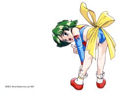 Rule 34 | 1990s (style), 1997, 1girl, ass, back bow, bent over, blue eyes, bow, company name, copyright notice, detached sleeves, full body, green hair, hand on leg, index finger raised, looking at viewer, looking back, non-web source, official art, open mouth, red footwear, retro artstyle, short hair, simple background, solo, sparkling feather, standing, white background