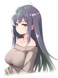 Rule 34 | 1girl, bad id, bad pixiv id, bare shoulders, black hair, breasts, green eyes, hair ornament, hairclip, large breasts, long hair, original, ribucci, simple background, smile, solo, sweater, white background