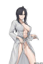 Rule 34 | 1girl, absurdres, angelia (girls&#039; frontline), artist name, bathrobe, black hair, breasts, collarbone, commentary, covered erect nipples, english commentary, feet out of frame, girls&#039; frontline, grey eyes, hair over one eye, highres, long hair, looking at viewer, matsu arts, medium breasts, no bra, no panties, open clothes, open mouth, open robe, robe, scar, scar on face, scar on leg, scar on stomach, smile, solo, standing, twitter username, white background, white bathrobe