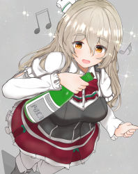 Rule 34 | 1girl, abataa, absurdres, alcohol, boots, bottle, bow, bowtie, breasts, brown eyes, corset, drunk, grey background, grey hair, hair between eyes, hat, highres, holding, holding bottle, kantai collection, medium breasts, mini hat, miniskirt, musical note, open mouth, pola (kancolle), shirt, simple background, skirt, solo, sparkle, thick eyebrows, thighhighs, tilted headwear, wavy hair, white shirt, white thighhighs, wine, wine bottle