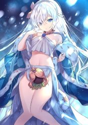 Rule 34 | 1girl, :o, anastasia (fate), bare shoulders, blue cloak, blue eyes, blush, breasts, brown hairband, brown ribbon, cloak, commentary request, crop top, fate/grand order, fate (series), hair over one eye, hair ribbon, hairband, knees together feet apart, long hair, looking at viewer, medium breasts, navel, parted lips, ribbon, silver hair, skirt, solo, sora 72-iro, star (symbol), very long hair, white skirt