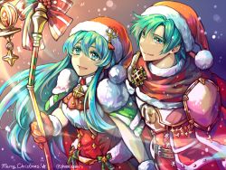Rule 34 | 1boy, 1girl, aqua eyes, aqua hair, armor, belt, bow, brother and sister, candle, dress, eirika (fire emblem), eirika (winter) (fire emblem), ephraim (fire emblem), ephraim (winter) (fire emblem), fire emblem, fire emblem: the sacred stones, fire emblem heroes, fur trim, gloves, hat, highres, holding, holding staff, jin (phoenixpear), long hair, merry christmas, nintendo, parted lips, pom pom (clothes), red gloves, red hat, santa costume, santa hat, short hair, siblings, snowing, staff, twitter username
