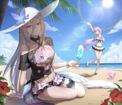 Rule 34 | &gt; o, 2girls, :d, aponia (honkai impact), arm support, arm up, artist name, beach, bird, black shirt, blue eyes, blue sky, blurry, blurry foreground, character print, chibi, cloud, collarbone, criss-cross halter, day, depth of field, detached collar, elysia (honkai impact), elysia (miss pink elf) (honkai impact), flower, hairband, halterneck, hat, hat ornament, hibiscus, high heels, highres, honkai (series), honkai impact 3rd, horizon, karame rise, lens flare, light, long bangs, long hair, looking at viewer, multiple girls, navel, ocean, official alternate costume, one eye closed, open mouth, outdoors, palm leaf, palm tree, parted lips, pink hair, red flower, sand, shadow, shirt, sky, smile, standing, standing on one leg, stomach, sun, sunlight, swimsuit, swimsuit under clothes, thighs, thumbs up, tree, tropical drink, white hairband, white headwear