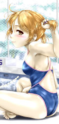 Rule 34 | 1girl, adjusting hair, atchy, barefoot, blonde hair, brown eyes, competition school swimsuit, competition swimsuit, highres, indian style, one-piece swimsuit, original, school swimsuit, short hair, side ponytail, sitting, solo, swimsuit, tying hair