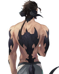 Rule 34 | 1boy, au ra, bara, bare back, beard, brown hair, demon boy, demon horns, demon tail, dragon boy, dragon horns, dragon tail, facial hair, final fantasy, final fantasy xiv, from behind, highres, horns, long hair, looking to the side, male focus, muscular, muscular male, nape, ponytail, scales, seum (kao husband), solo, tail, warrior of light (ff14), white background
