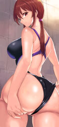 Rule 34 | 1girl, ashita (2010), ass, ass grab, bare shoulders, blush, breasts, brown eyes, brown hair, cleft of venus, competition swimsuit, highres, idolmaster, idolmaster cinderella girls, large breasts, long hair, looking back, mifune miyu, one-piece swimsuit, partially visible vulva, ponytail, pussy, pussy peek, sidelocks, solo, swimsuit, thick thighs, thighs