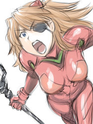 Rule 34 | &gt;:o, 1girl, :o, angry, bident, blue eyes, bodysuit, bracer, breasts, breasts apart, cowboy shot, dutch angle, eyepatch, foreshortening, from above, gloves, hair between eyes, headgear, holding, holding weapon, lance, lance of longinus (evangelion), long hair, looking at viewer, medium breasts, neon genesis evangelion, open mouth, orange hair, outstretched arms, parted bangs, pilot suit, plugsuit, polearm, rebuild of evangelion, simple background, sketch, solo, souryuu asuka langley, spread arms, standing, turtleneck, ueyama michirou, v-shaped eyebrows, weapon, white background