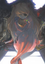 Rule 34 | 1girl, artist request, ass, blue eyes, bodysuit, breasts, brown hair, evangelion: 2.0 you can (not) advance, full body, helmet, holding, holding helmet, hug, interface headset, long hair, looking at viewer, medium breasts, neon genesis evangelion, pilot suit, plugsuit, rebuild of evangelion, red bodysuit, shiny clothes, simple background, sitting, solo, souryuu asuka langley, twintails, very long hair