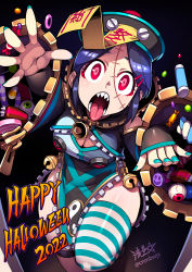 Rule 34 | 1girl, bell, black background, breasts, candy, chinese clothes, cleavage cutout, clothing cutout, commentary request, doorway, english text, eyeball, food, halloween, happy halloween, hat, hat ornament, highres, jiangshi, jiangshi costume, looking at viewer, nail polish, ofuda, open mouth, original, outstretched arms, pov doorway, qingdai guanmao, ryuusei (mark ii), sharp teeth, short hair, signature, single thighhigh, skindentation, solo, stitched face, stitches, striped clothes, striped thighhighs, talisman, tangzhuang, teeth, thighhighs, tongue, tongue out, undead, wide sleeves, yin yang, zipper, zombie, zombie pose