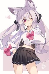 Rule 34 | 1girl, animal ear fluff, animal ears, black bow, black skirt, bow, commentary request, copyright request, crop top, grey background, grey hair, grin, hair between eyes, hand on own hip, hand up, head tilt, highres, long hair, long sleeves, midriff, natsuki teru, pink bow, puffy long sleeves, puffy sleeves, purple eyes, shirt, signature, skirt, sleeves past wrists, smile, solo, twintails, two-tone background, v over mouth, very long hair, white background, white shirt
