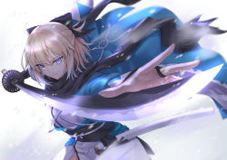 Rule 34 | 1girl, absurdres, ahoge, black bow, black scarf, blonde hair, blue eyes, bow, closed mouth, commentary request, cowboy shot, fate (series), foreshortening, hair bow, highres, holding, holding sword, holding weapon, japanese clothes, katana, kimono, koha-ace, long sleeves, looking at viewer, motion blur, obi, okita souji (fate), okita souji (koha-ace), open clothes, sash, scarf, serious, sheath, short hair, short ponytail, simple background, solo, sword, tassel, v-shaped eyebrows, weapon, white background, white kimono, wide sleeves, wrist guards, yu sa1126