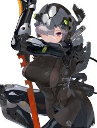 Rule 34 | 1girl, absurdres, black bodysuit, bodysuit, breasts, covered navel, cyborg, grey hair, hair over one eye, helmet, highres, holding, holding sword, holding weapon, joints, large breasts, looking at viewer, original, purple eyes, robot joints, science fiction, short hair, solo, sword, weapon, white background, yunimaru