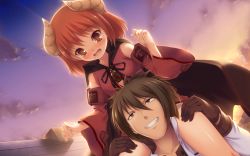 Rule 34 | 1boy, 1girl, blush, cape, carrying, christo wu, cloud, demon girl, detached sleeves, eternity sword series, gloves, hitomaru, horns, open mouth, orange eyes, outdoors, red hair, seirei tenshou, short hair, shoulder carry, sky, smile, sunset, wavy mouth
