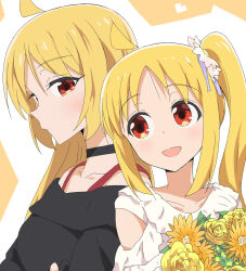 Rule 34 | 2girls, :d, ahoge, arm cutout, black choker, black shirt, blonde hair, bocchi the rock!, choker, closed mouth, collarbone, detached ahoge, dress, flower, holding, holding flower, ijichi nijika, ijichi seika, kakiuchi itsuki, long hair, long sleeves, looking at another, multiple girls, off-shoulder shirt, off shoulder, open mouth, red eyes, rose, shirt, siblings, side ponytail, sisters, smile, sunflower, upper body, white dress, yellow flower, yellow rose