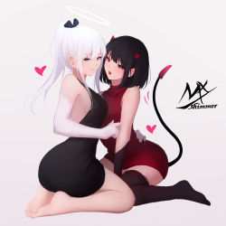 Rule 34 | 2girls, alternate costume, angel girl (shimmer), artist logo, artist name, ass, bare shoulders, black-haired demon girl (shimmer), black dress, black hair, black legwear, black ribbon, blue eyes, breasts, commentary request, demon tail, dress, elbow gloves, gloves, hair ribbon, halo, heart, highres, horns, long hair, medium breasts, medium hair, multiple girls, no shoes, original, ponytail, red dress, red eyes, red horns, ribbon, seiza, shimmer, sideboob, simple background, sitting, sleeveless, sleeveless dress, tail, thighhighs, tongue, tongue out, wariza, white gloves, white hair, yuri