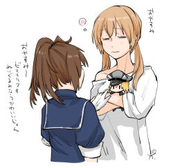 Rule 34 | 2girls, alternate costume, bismarck (kancolle), blonde hair, brown hair, character doll, doll, closed eyes, holding, holding doll, kantai collection, long hair, low twintails, military, military uniform, multiple girls, ponytail, prinz eugen (kancolle), sheffield (kancolle), shirt, translation request, twintails, uniform, white shirt, yamada rei (rou)