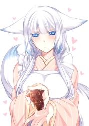 Rule 34 | 1girl, animal ears, apron, blue eyes, blush, breasts, chocolate, colored eyelashes, fox ears, fox tail, heart, japanese clothes, kimono, konshin, large breasts, long hair, looking at viewer, orie mishiro, pixiv fantasia, pixiv fantasia fallen kings, solo, tail, white background, colored eyelashes, white hair