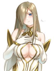 Rule 34 | 1girl, bare shoulders, blue eyes, blush, breasts, brown hair, cleavage, cleavage cutout, closed mouth, clothing cutout, dress, hair ornament, hair over one eye, highres, large breasts, long hair, long sleeves, looking at viewer, mitsugu, simple background, solo, tales of (series), tales of the abyss, tear grants, upper body, white background, white dress