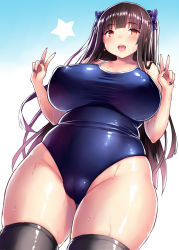 Rule 34 | 1girl, :d, black hair, black thighhighs, blue background, blue bow, blue nails, blue one-piece swimsuit, blunt bangs, blush, bow, breasts, brown hair, cameltoe, cleft of venus, collarbone, competition school swimsuit, covered erect nipples, cowboy shot, crotch, curvy, double v, dutch angle, earrings, fat mons, from below, gradient background, gradient hair, groin, hair bow, hands up, happy, heart, heart earrings, highleg, highleg swimsuit, highres, huge breasts, jewelry, long hair, looking at viewer, multicolored hair, nail polish, one-piece swimsuit, open mouth, original, plump, purple hair, red eyes, school swimsuit, shiny clothes, shiny skin, skin tight, skindentation, smile, solo, standing, star (symbol), straight hair, swimsuit, taut clothes, taut swimsuit, teeth, thick thighs, thighhighs, thighs, tsukumiya amane, two side up, v, very long hair, wet, white background, wide hips, yellow eyes