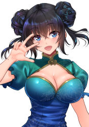 Rule 34 | 1girl, black hair, blue dress, blue eyes, blush, breasts, china dress, chinese clothes, cleavage, cleavage cutout, clothing cutout, double bun, dress, hair bun, highres, large breasts, long hair, looking at viewer, open mouth, original, puffy short sleeves, puffy sleeves, short sleeves, sidelocks, smile, solo, twintails, w, youshuu