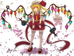 Rule 34 | 1girl, blonde hair, blush, fingernails, flandre scarlet, frilled skirt, frills, garter straps, hat, high heels, lace, lace-trimmed legwear, lace trim, laevatein, long hair, looking at viewer, mary janes, panzer (p.z), pointy ears, red eyes, shoes, side ponytail, skirt, solo, thighhighs, touhou, wings, wrist cuffs