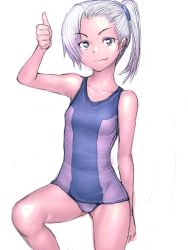 Rule 34 | bare shoulders, blue eyes, fang, flat chest, fumio (rsqkr), one-piece swimsuit, short hair, side ponytail, silver hair, simple background, solo, swimsuit, thumbs up