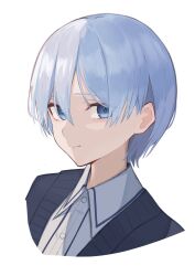 Rule 34 | 1girl, blue eyes, blue hair, blush, cardigan, collared shirt, commentary, cropped shoulders, grey cardigan, highres, light blue hair, looking at viewer, official alternate hair length, official alternate hairstyle, portrait, project sekai, shirt, short hair, simple background, smile, solo, white background, white shirt, yato kamo, yoisaki kanade