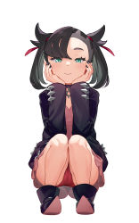 Rule 34 | 1girl, absurdres, aqua eyes, ass, asymmetrical bangs, asymmetrical hair, black footwear, black hair, black jacket, black nails, blush, breasts, choker, commentary, creatures (company), dress, game freak, hair ribbon, highres, jacket, long sleeves, looking at viewer, marnie (pokemon), medium hair, nail polish, nekokitsune0905, nintendo, open clothes, panties, pink dress, pink footwear, pokemon, pokemon swsh, red panties, red ribbon, ribbon, shoes, simple background, small breasts, smile, solo, twintails, underwear, white background