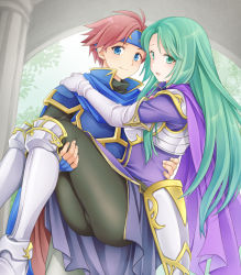 Rule 34 | 1boy, 1girl, age difference, armor, armored boots, armored dress, ass, black pantyhose, blue armor, blue cape, blue eyes, blue gloves, blue headband, boots, breastplate, cape, carrying, carrying person, cecilia (fire emblem), closed mouth, commentary request, dress, elbow gloves, fingerless gloves, fire emblem, fire emblem: the binding blade, gloves, gold trim, green eyes, green hair, ham pon, hand on another&#039;s shoulder, headband, highres, long hair, looking at viewer, nintendo, open mouth, pantyhose, princess carry, purple cape, purple dress, red cape, red hair, roy (fire emblem), short hair, shoulder armor, smile, two-tone cape, white armor, white footwear, white gloves