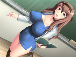 Rule 34 | 1girl, black socks, blue skirt, board eraser, book, bookmark, breasts, brown eyes, brown hair, brown socks, chalk, chalkboard, choker, classroom, cleavage, collarbone, covered erect nipples, covered navel, dress, dutch angle, fingernails, from above, hair between eyes, hairband, head tilt, highres, hip focus, holding, holding book, impossible clothes, impossible dress, impossible shirt, indoors, jewelry, lab coat, large breasts, lips, long hair, long sleeves, looking at viewer, microdress, nail polish, nantai prima onna kyoushi, navel, nipples, no bra, open book, open clothes, pencil skirt, pink nails, ring, school, shirasagi aika, shirt, short dress, side slit, sidelocks, skin tight, skirt, smile, socks, solo, standing, strikes, takahashi record, taut clothes, taut shirt, teacher, teeth, textbook, thighhighs, wallpaper, wedding band, wooden floor, zipper, zipper pull tab