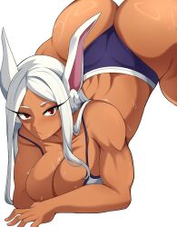 1girl absurdres ass blush boku_no_hero_academia breasts breasts_squeezed_together cleavage dark-skinned_female dark_skin highres huge_ass huge_breasts jack-o&#039;_challenge long_hair looking_at_viewer meowdeer mirko muscular muscular_arms muscular_female muscular_legs panties rabbit_ears rabbit_girl red_eyes sports_bra sportswear sweat sweatdrop top-down_bottom-up underwear wedgie white_hair wide_hips