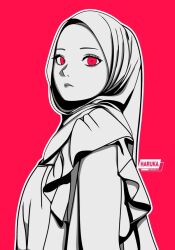 Rule 34 | 1girl, assertive female, female focus, haruka projects, hijab, red background, red eyes, sadism, simple background, yandere