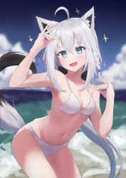 Rule 34 | 1girl, absurdres, ahoge, animal ears, beach, bikini, black bow, blurry, blurry background, blush, bow, braid, breasts, cleavage, cloud, cloudy sky, commentary, day, double fox shadow puppet, english commentary, fox ears, fox girl, fox shadow puppet, fox tail, green eyes, hair between eyes, hair bow, highres, hiroshi 214, hololive, long hair, looking at viewer, medium breasts, navel, ocean, open mouth, shirakami fubuki, sidelocks, single braid, sky, smile, solo, sparkle, swimsuit, tail, virtual youtuber, white bikini, white hair