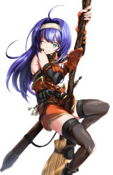 Rule 34 | 1girl, belt, black thighhighs, blue hair, broom, closed mouth, fingerless gloves, fire emblem, fire emblem: path of radiance, gloves, green eyes, headband, highres, long hair, loriko, mia (fire emblem), nintendo, one eye closed, sheath, sheathed, simple background, smile, solo, thighhighs, white background, white headband