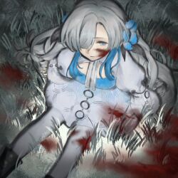 Rule 34 | 1girl, blood, blood on clothes, blood on face, blood stain, blue dress, blue flower, blue hair, dody31776243, dress, expressionless, flower, grass, grey hair, hair flower, hair ornament, hair over one eye, isekai joucho, kamitsubaki studio, multicolored hair, pantyhose, sitting, solo, two-tone dress, two-tone hair, virtual youtuber, white dress, white pantyhose
